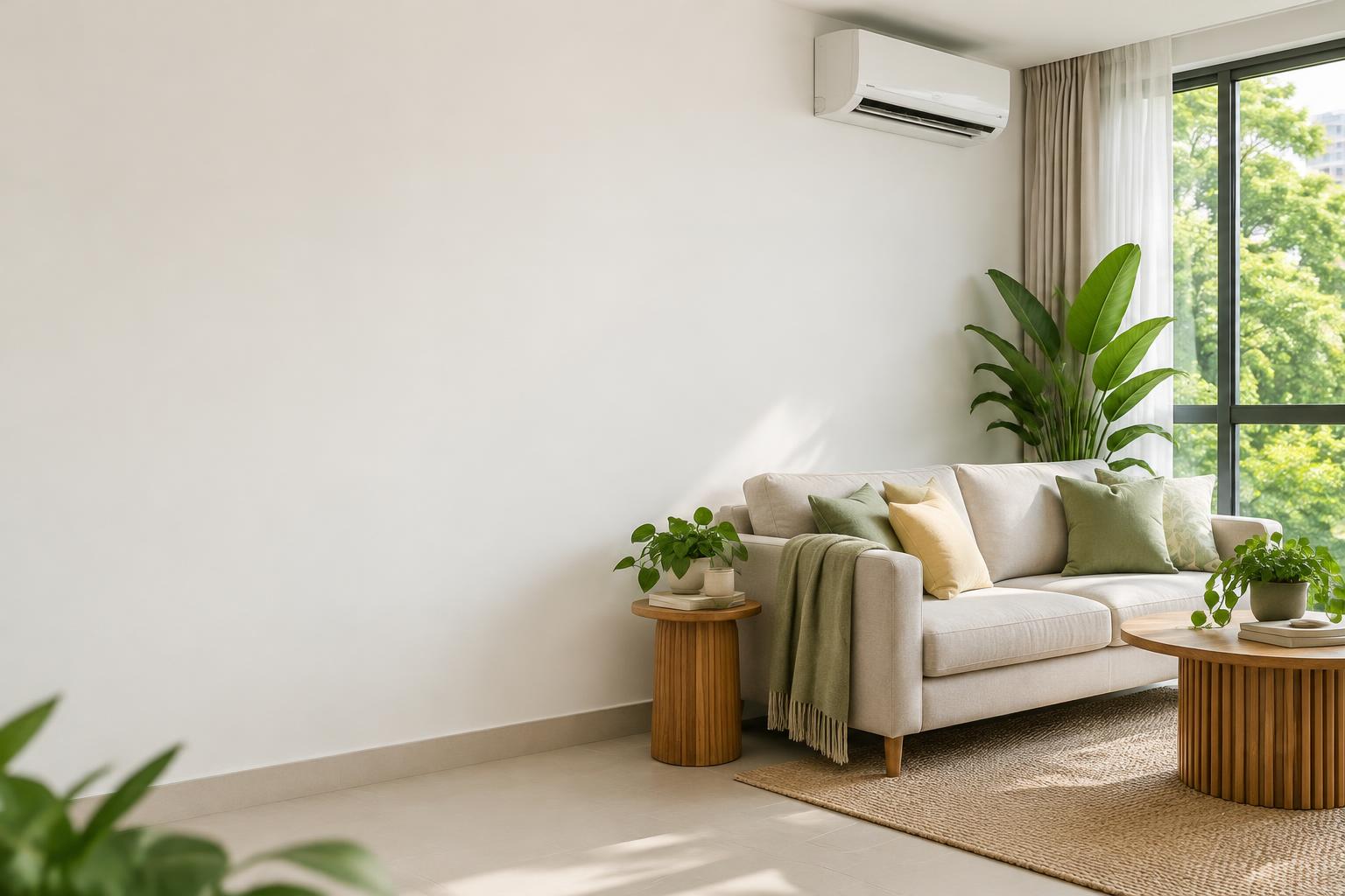 Bright Singapore living room with a wall-mounted air conditioner, plants and a comfortable sofa